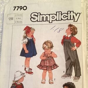 VINTAGE!  1986 SIMPLICITY pattern #7790. Toddler, size 12 mos!  Has bee cut